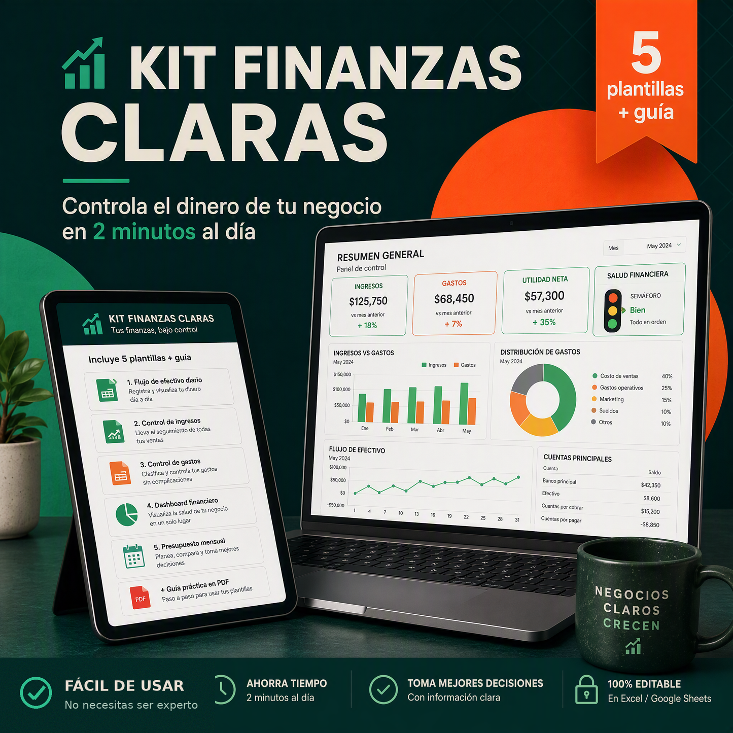 Kit Finanzas Claras — 5 Plantillas de Control para tu Negocio (Excel + Google Sheets)